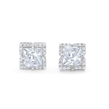 Halo Princess Cut Engagement Bridal Stud Earrings Simulated CZ 925 Sterling Silver